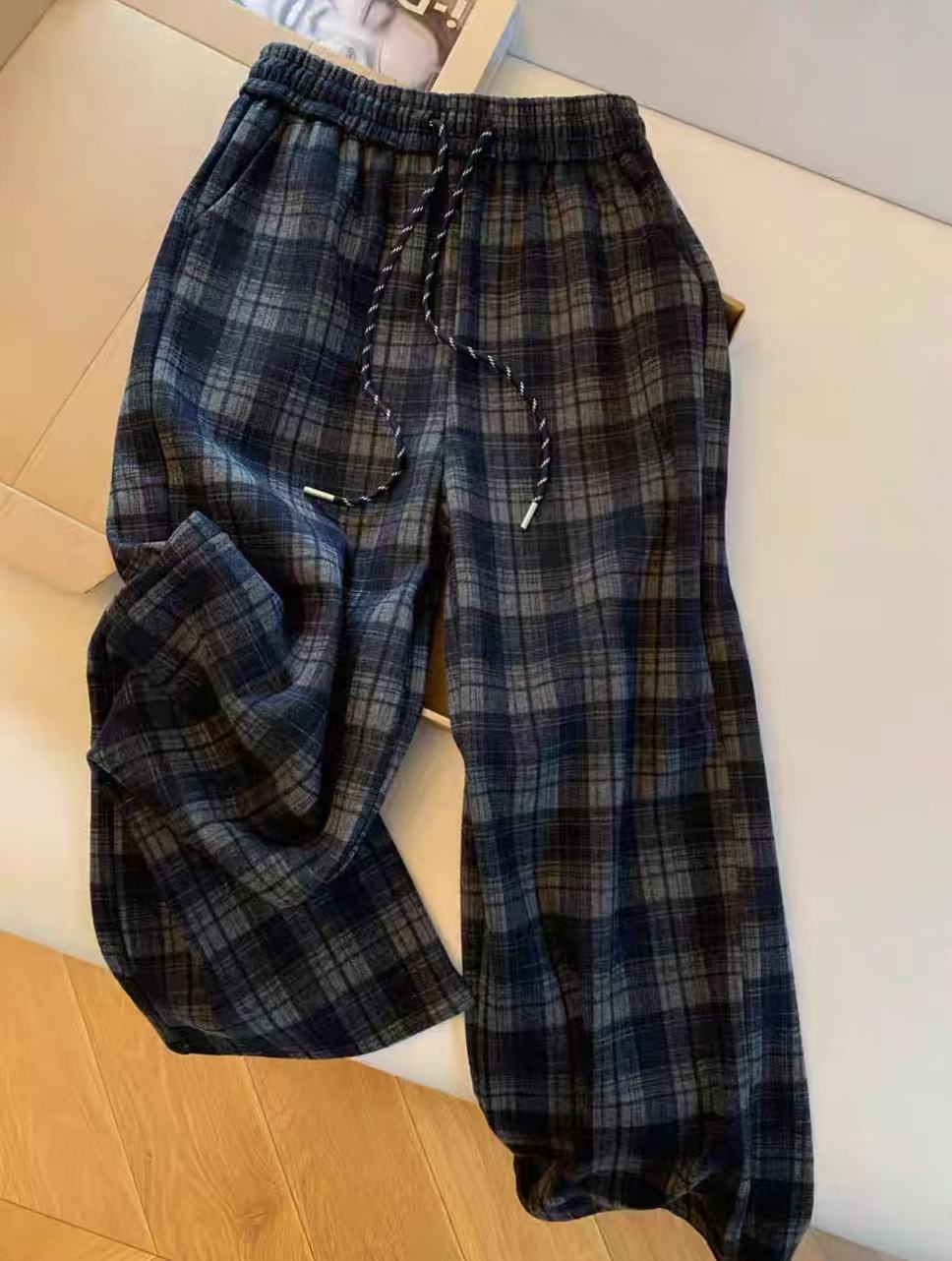 【晨浠定制】新款高腰格子显瘦直筒加绒休闲裤281