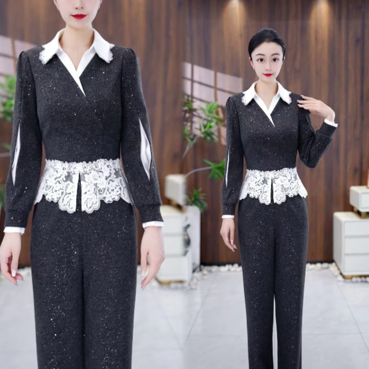 【两件套】春季新品时尚洋气百搭蕾丝长袖套装