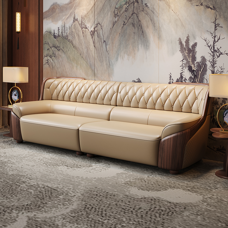 新中式乌金木真皮沙发高端别墅实木牛皮组合大客厅奢华黑胡桃木色