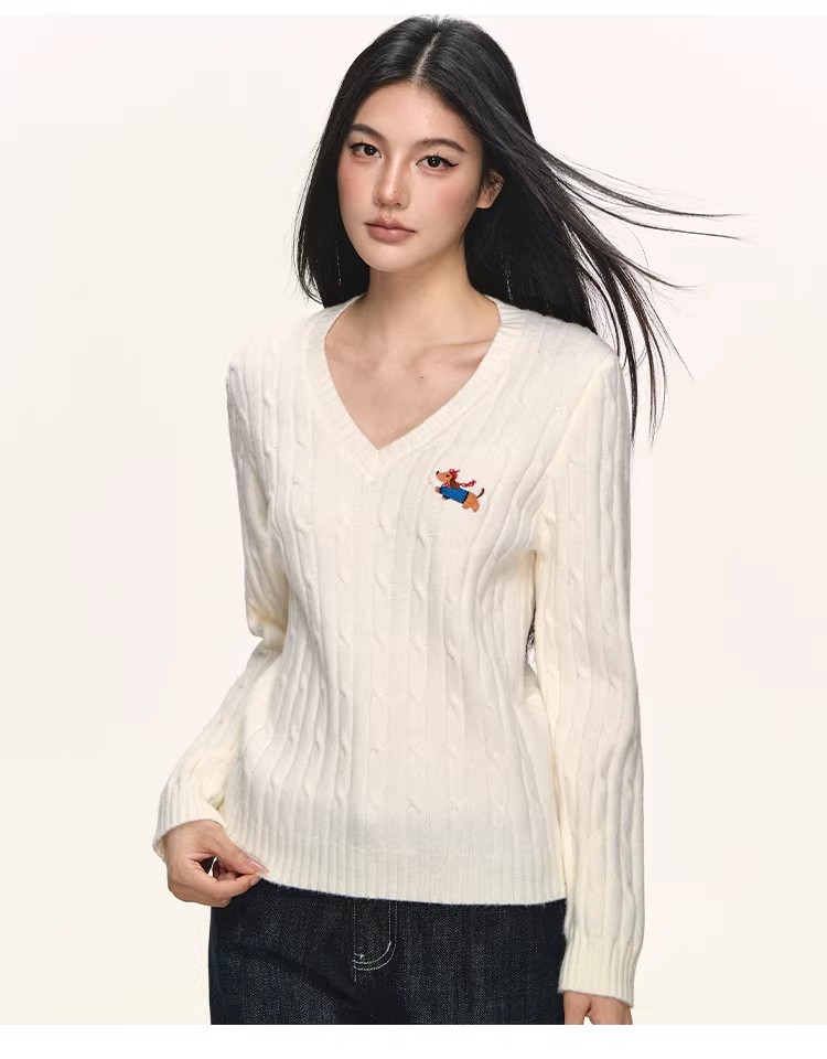 anna aneae刺绣V领麻花毛衣打底衫女秋冬咖色修身保暖针织衫上衣