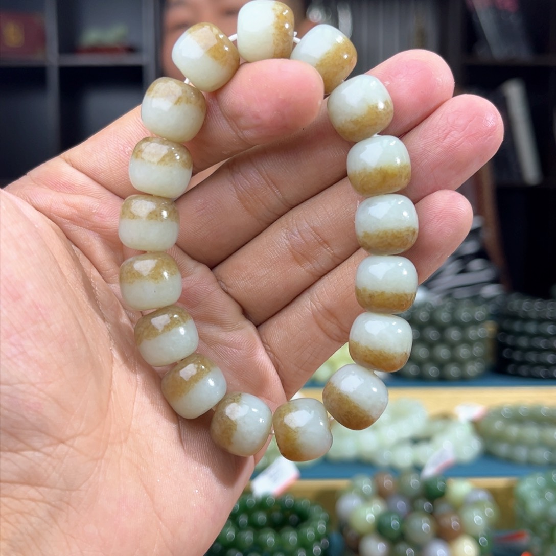 和田玉手串未镶嵌纯天然和田玉新疆且末金山料卡13老型