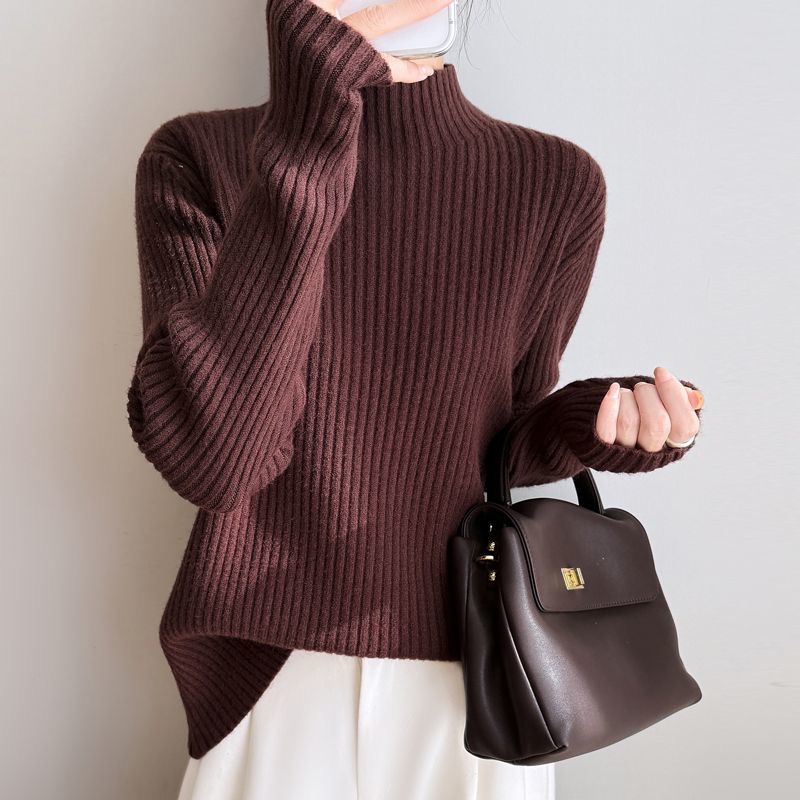 四股加厚！可机洗~抽条半高领针织打底衫女秋冬宽松显瘦套头毛衣