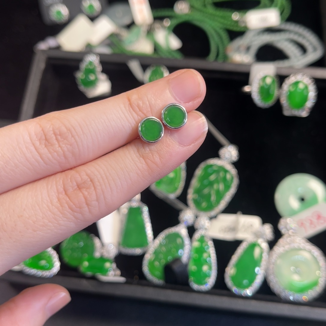 人***记翡翠银S925镶嵌戒指翡翠耳钉