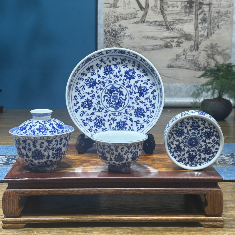 景德镇陶瓷青花瓷青花缠枝莲茶具套装缠枝家用中式高端茶器