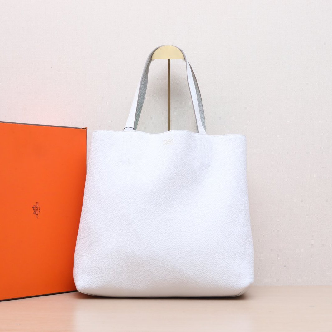 95新 Hermes/爱马仕 小花6欢 双面托特购物袋35 01白拼珍珠灰 框P