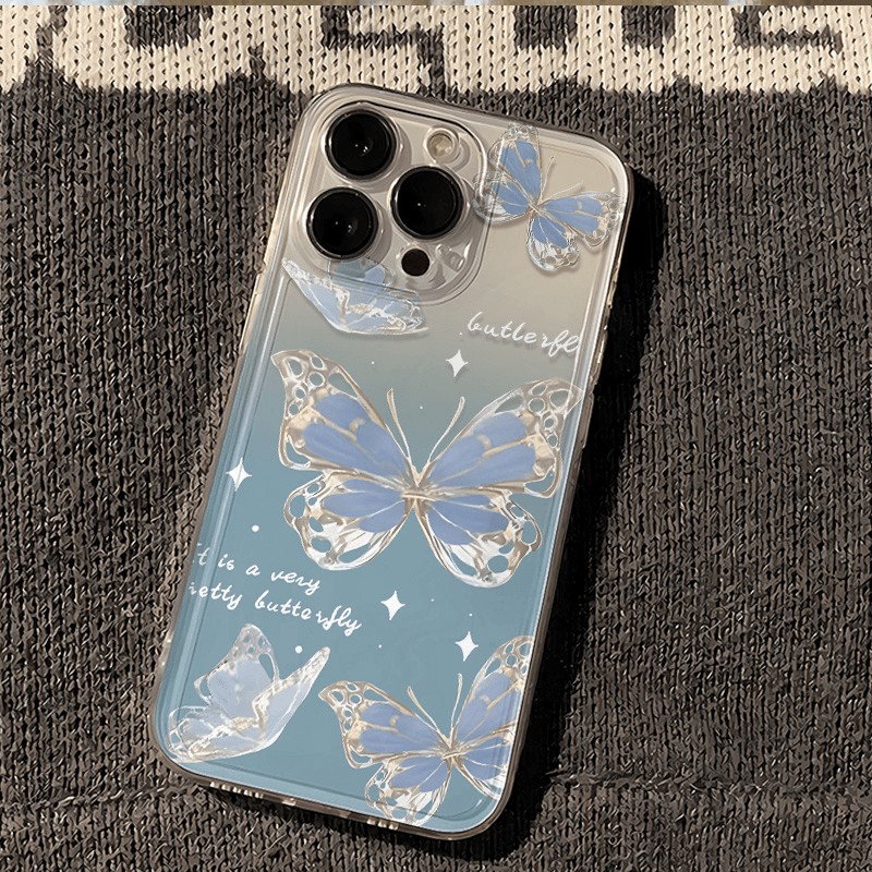 渐变蓝蝴蝶适用苹果15PROMAX手机壳iPhone14高级感12软13防摔复古