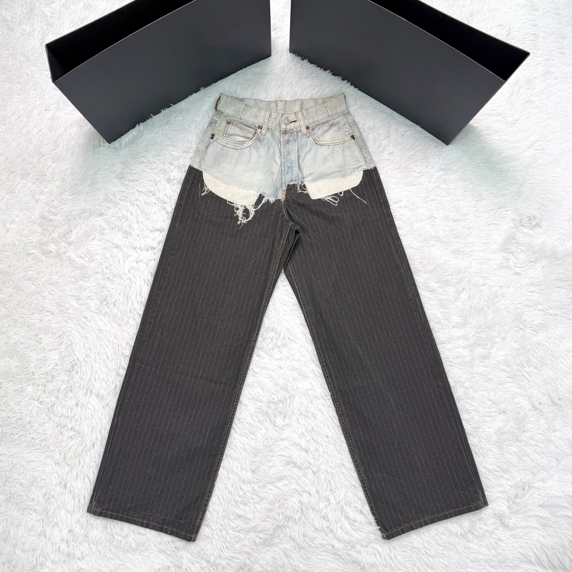 Bhf「西装条纹」时尚炸街潮款蓝光打印拼接做旧1981直筒百搭牛仔裤