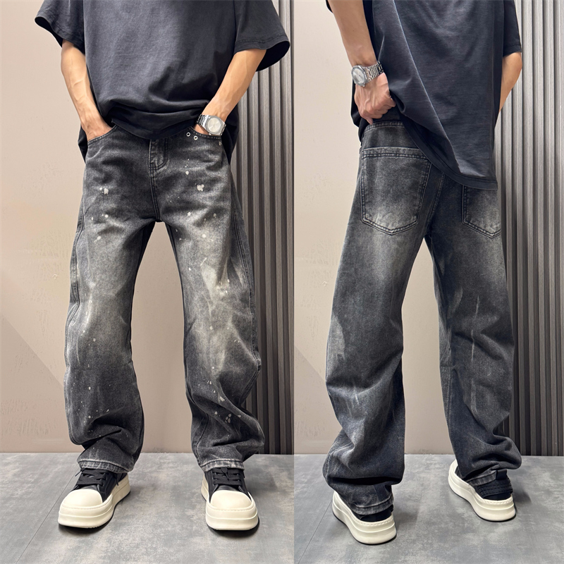 美式高街潮流复古痞帅弯刀牛仔裤水洗做旧宽松直筒垂感百搭阔腿裤