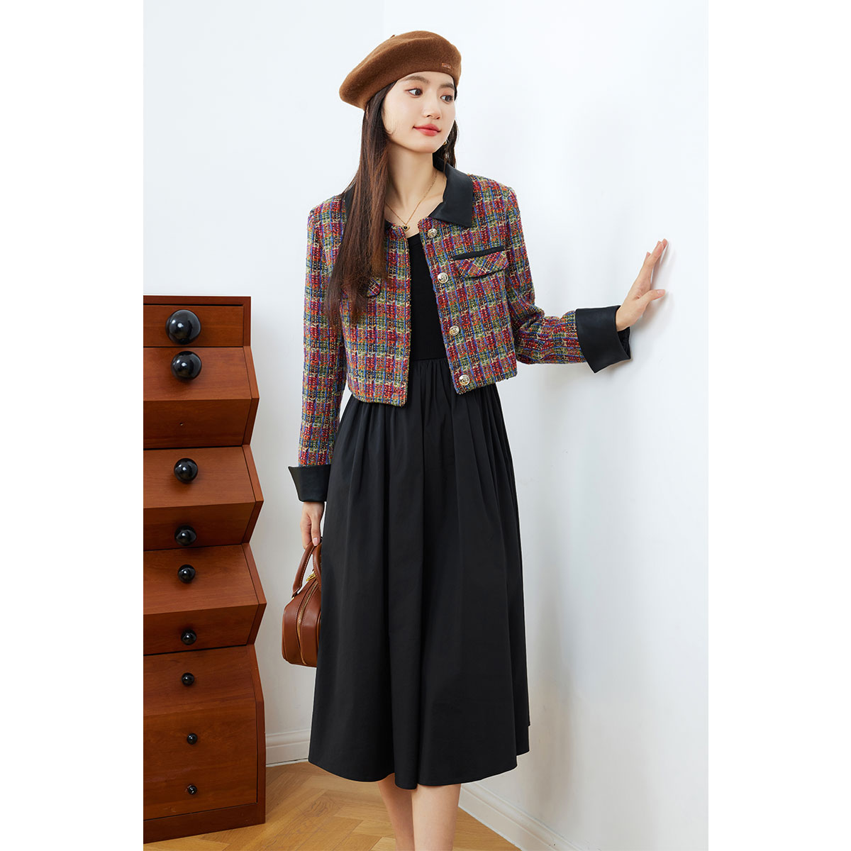 朗文斯汀2024年新款格纹编织绵羊毛小香风短外套DAMW3509A12145