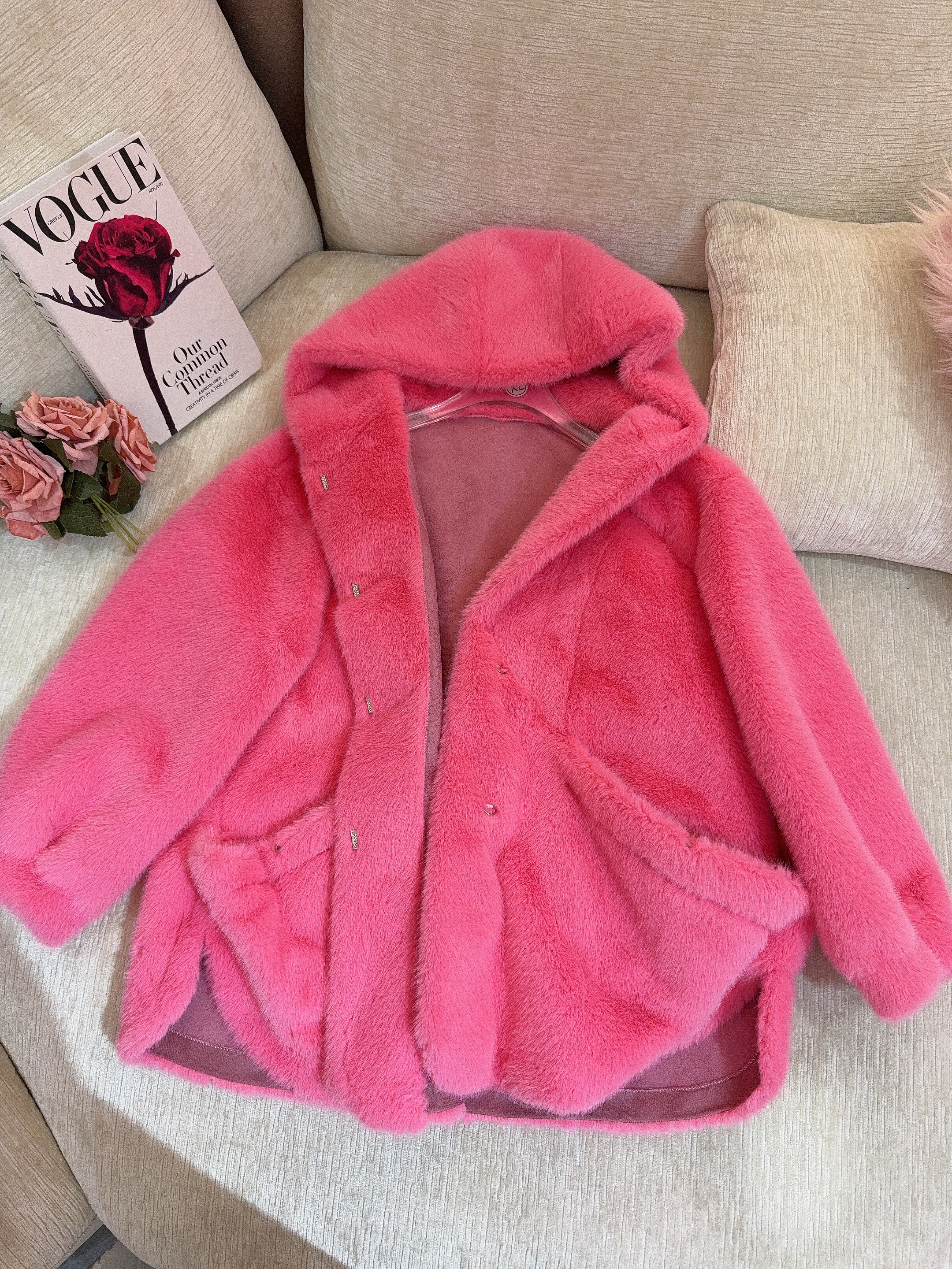 DC【粉雾轻衣】高级气质网红雪兰貂秋冬时尚轻奢帽子外套粉色