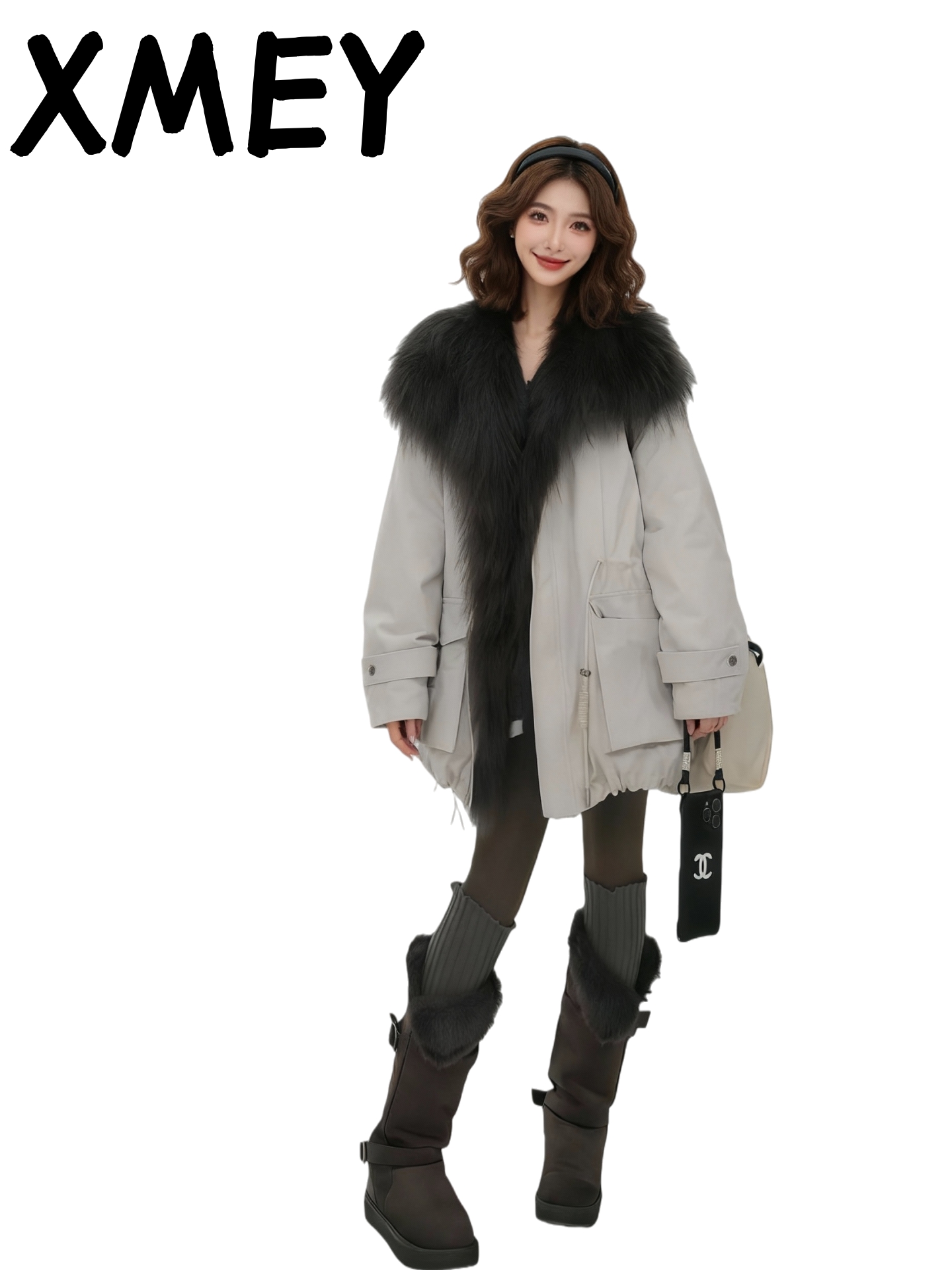 【XMEY】2025新款“白鹭”可拆卸环保毛领鹅绒内胆人造皮草外套极简风
