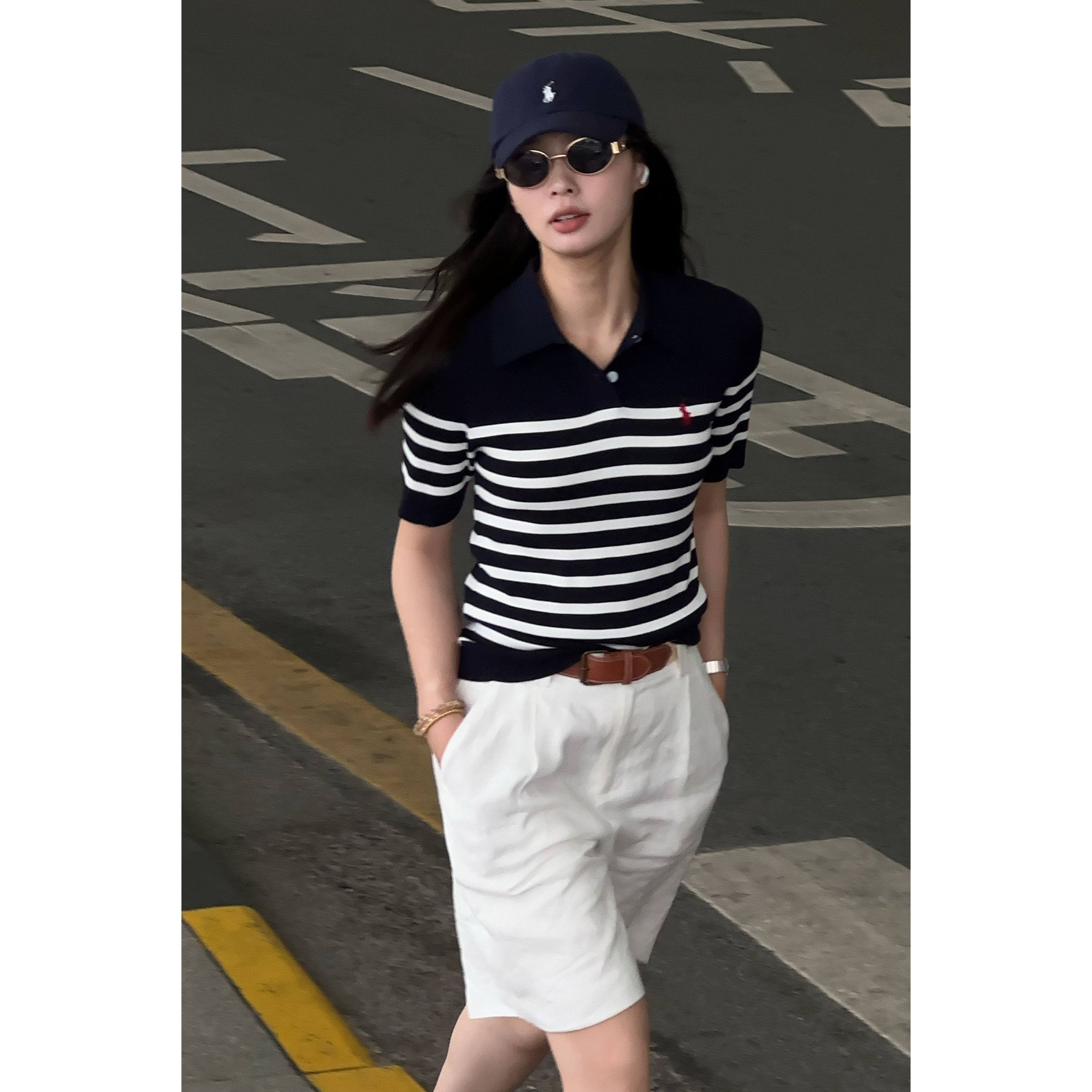 Yihouse【往事】POLO领撞色条纹女款短袖T恤百搭休闲上衣Y8373