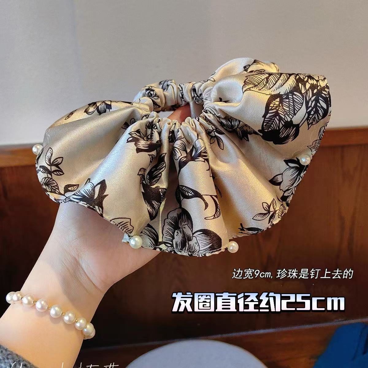 水墨花朵印花大肠发圈缎面国风精致高级感~超大裙摆法式优雅珍珠