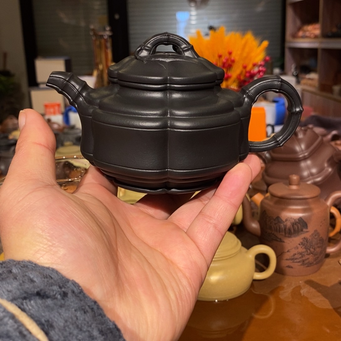 紫砂茶壶筋纹器贴竹叶焐灰竹鼓300cc