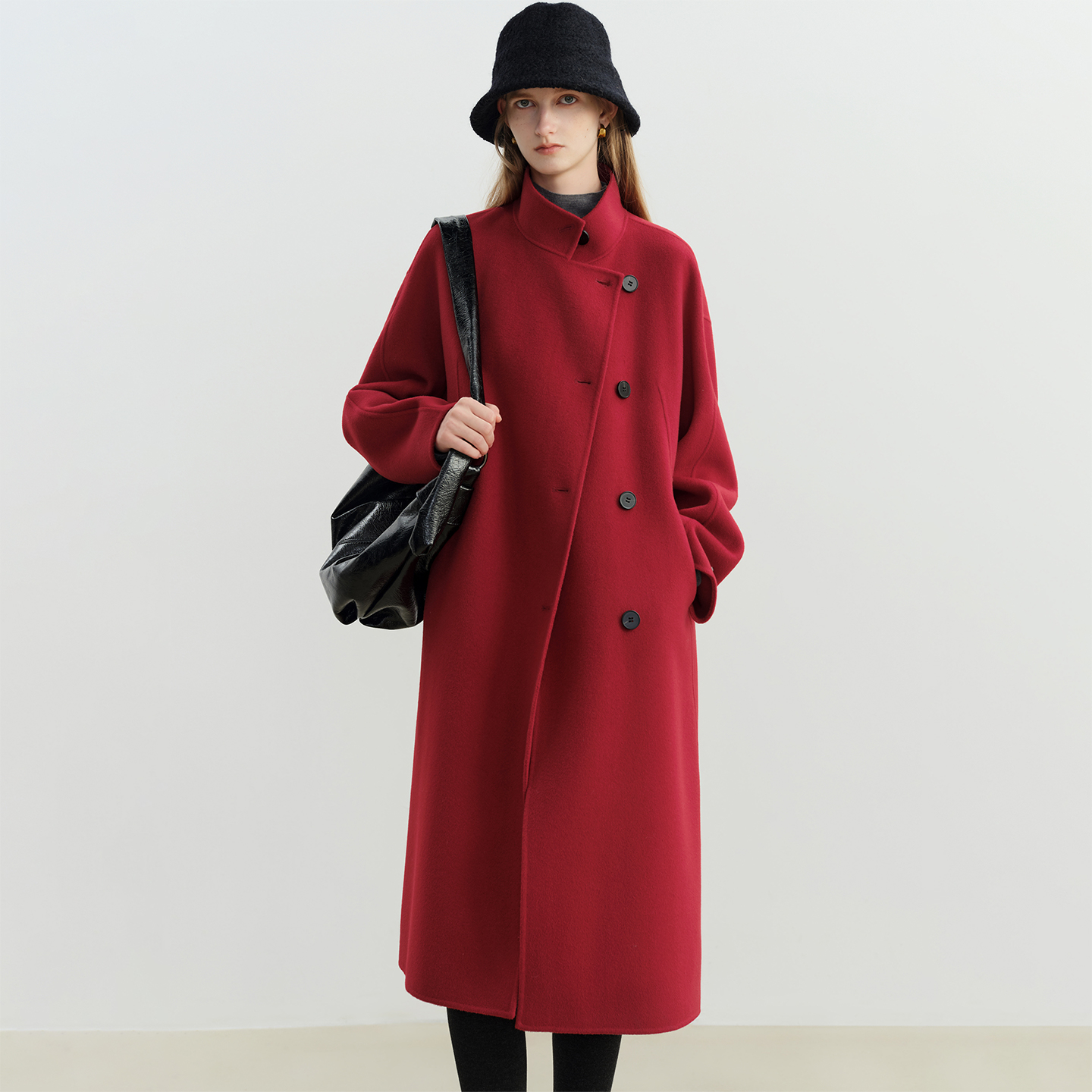 自巧巧制STUDIO 小个子新年红双面呢羊毛大衣毛呢外套25ZQ94062