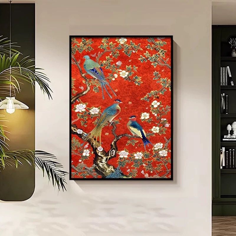 【严选】新中式喜上枝头入户玄关装饰画红色喜庆书房卧室大堂艺术挂