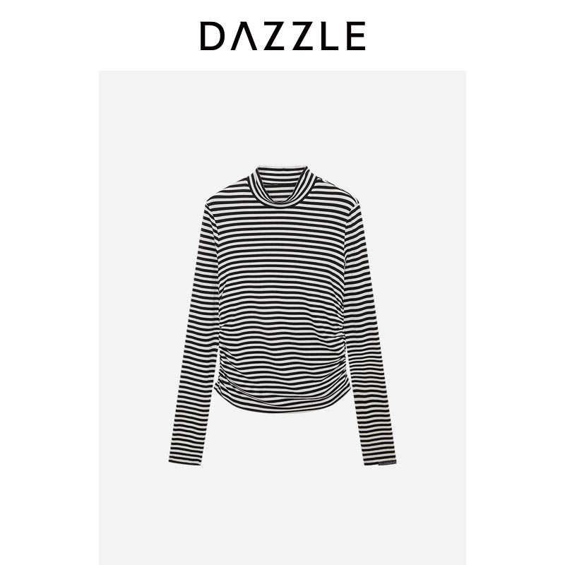 DAZZLE地素长袖T恤春季黑色条纹弹力打底T恤2I1B530