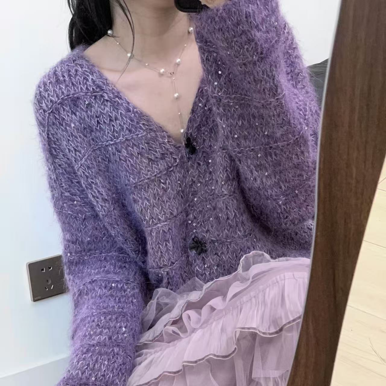 <猪猪出品>百搭气质时尚圆领套头长袖紫色女装毛针织衫