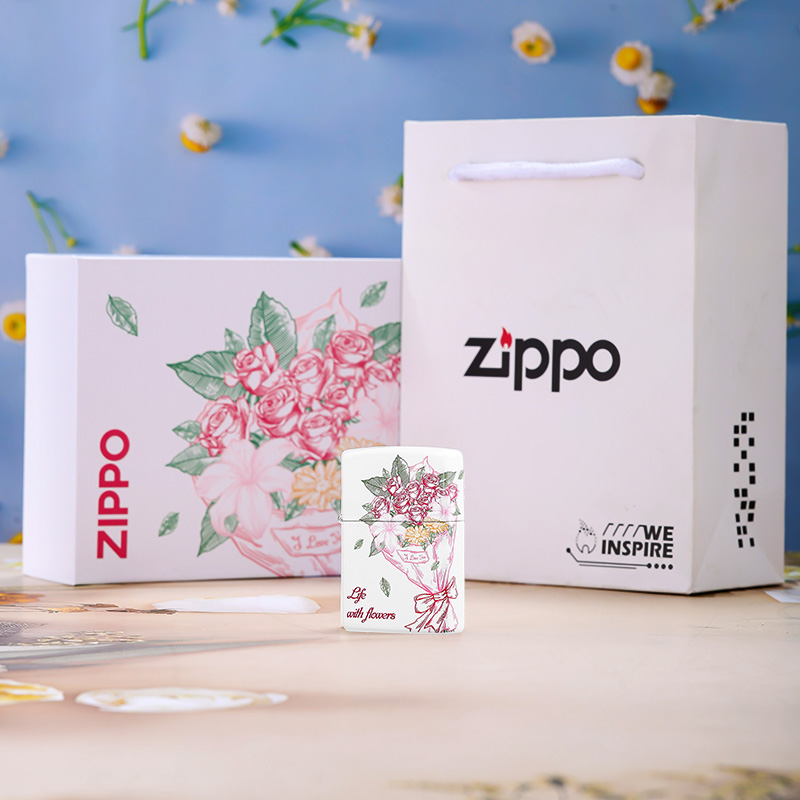 zippo打火机有花的生活防风煤油送男生生日礼物礼盒装碎花DYJ1