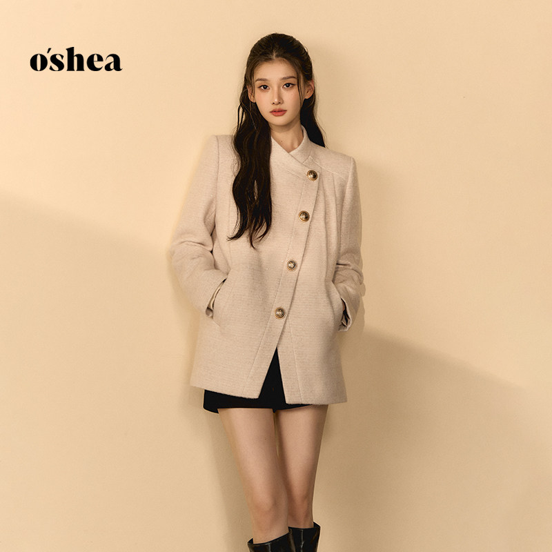 oshea【官方专享】高级感斜门襟短外套女2025冬羊毛亮片金扣上衣