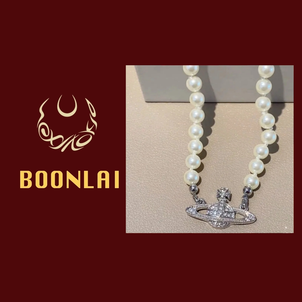 铜合金项链 Boonlai 镶钻星球珠珠土星项链
