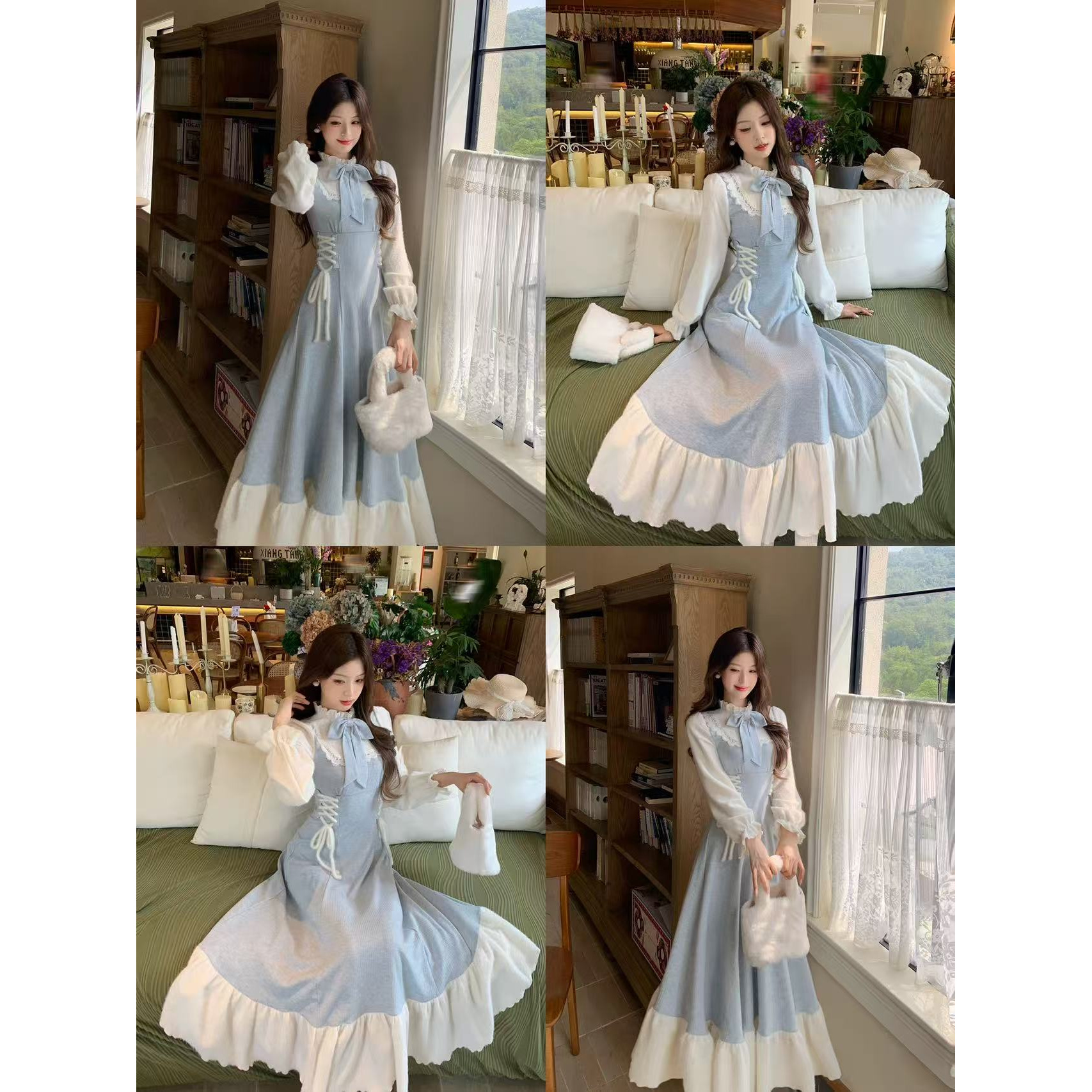 法式气质温柔绑带收腰连衣裙长裙秋冬