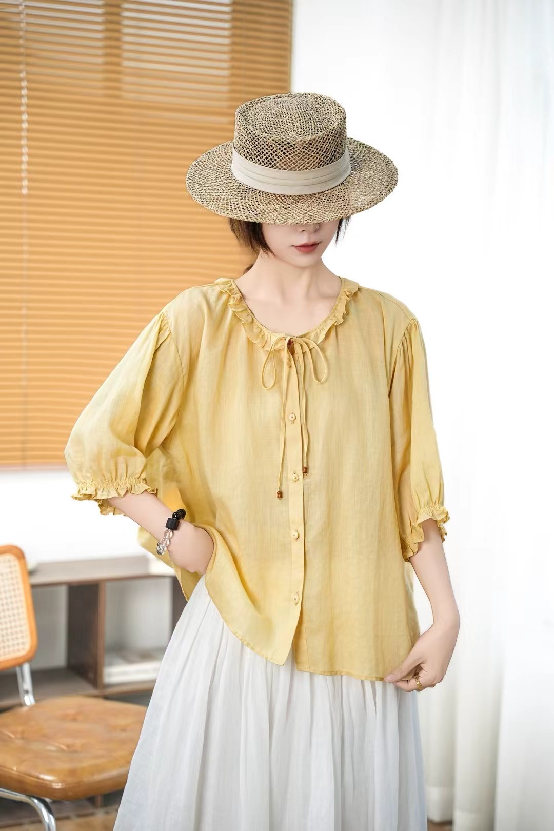 【彩云814】【100苎麻】夏季国风苎麻休闲衣服纯色漂亮小衫女装