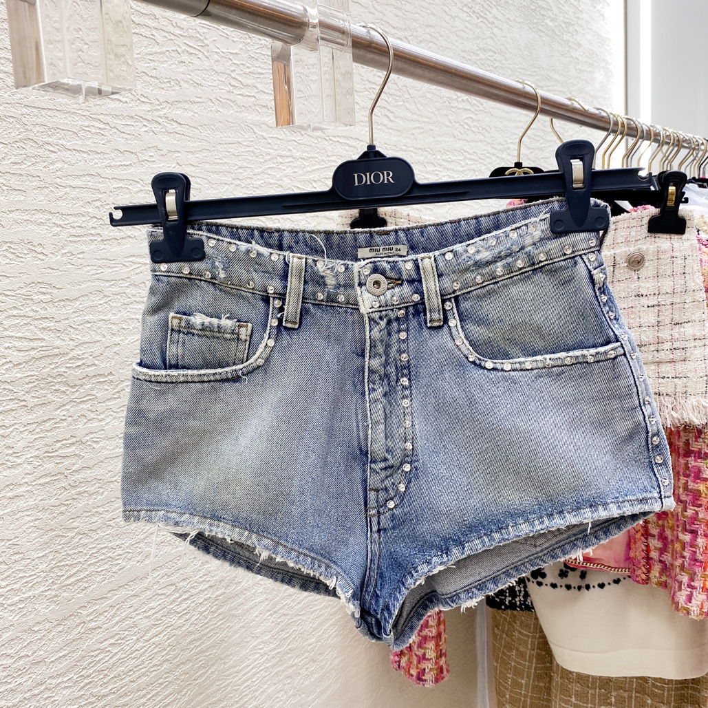 95新 MIU MIU/缪缪 miumiu三分裤夏季亮钻牛仔短裤显瘦时尚