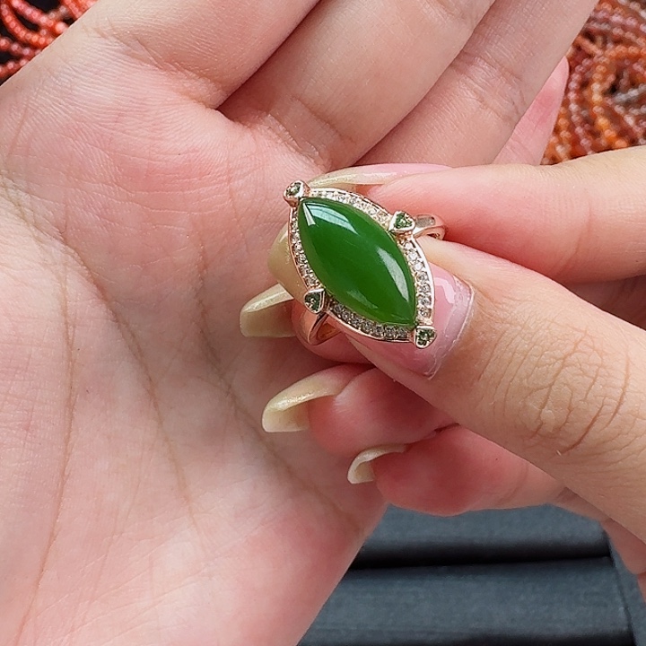 和田玉（碧玉）马眼戒指银S925镶嵌