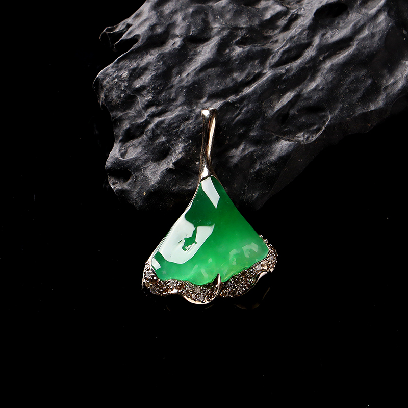 名玉艺术 天然缅甸翡翠 18K金镶嵌 冰种阳绿银杏叶翡翠挂件