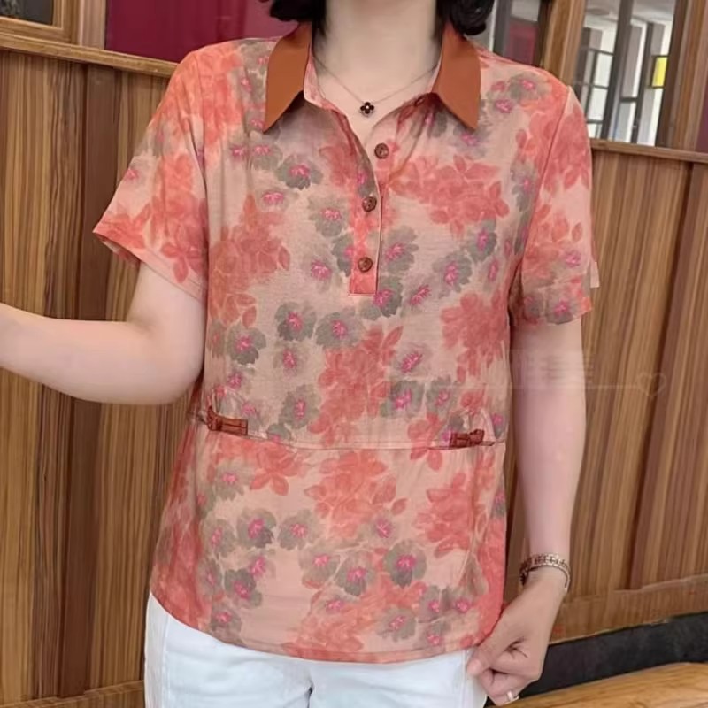 夏季新款洋气妈妈装上衣衬衫翻领时尚碎花花色宽松薄款短袖衬衣女