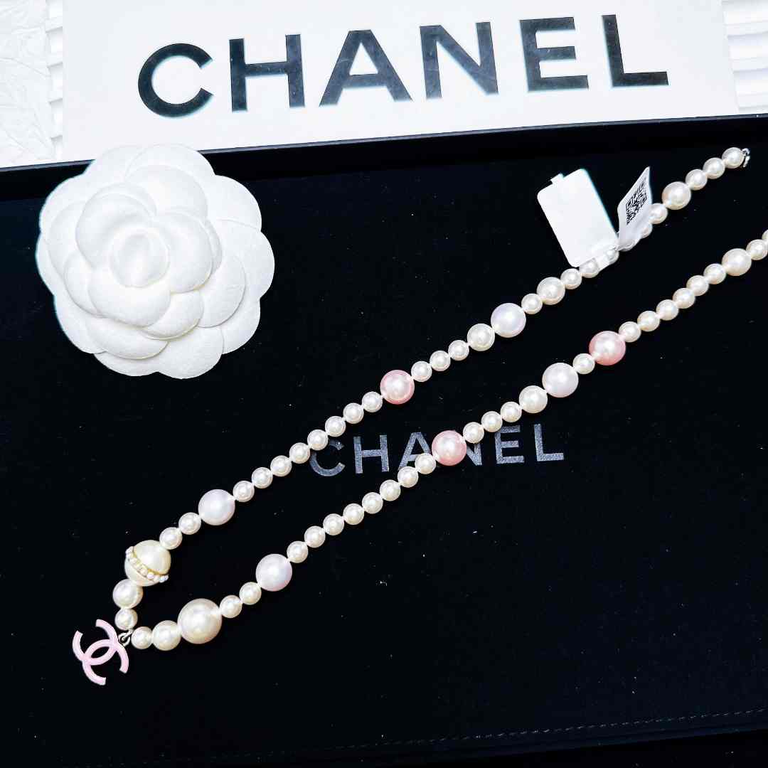 95新 Chanel/香奈儿 柚礼中古/香奈儿粉珐琅双C珍珠项链LZ409704