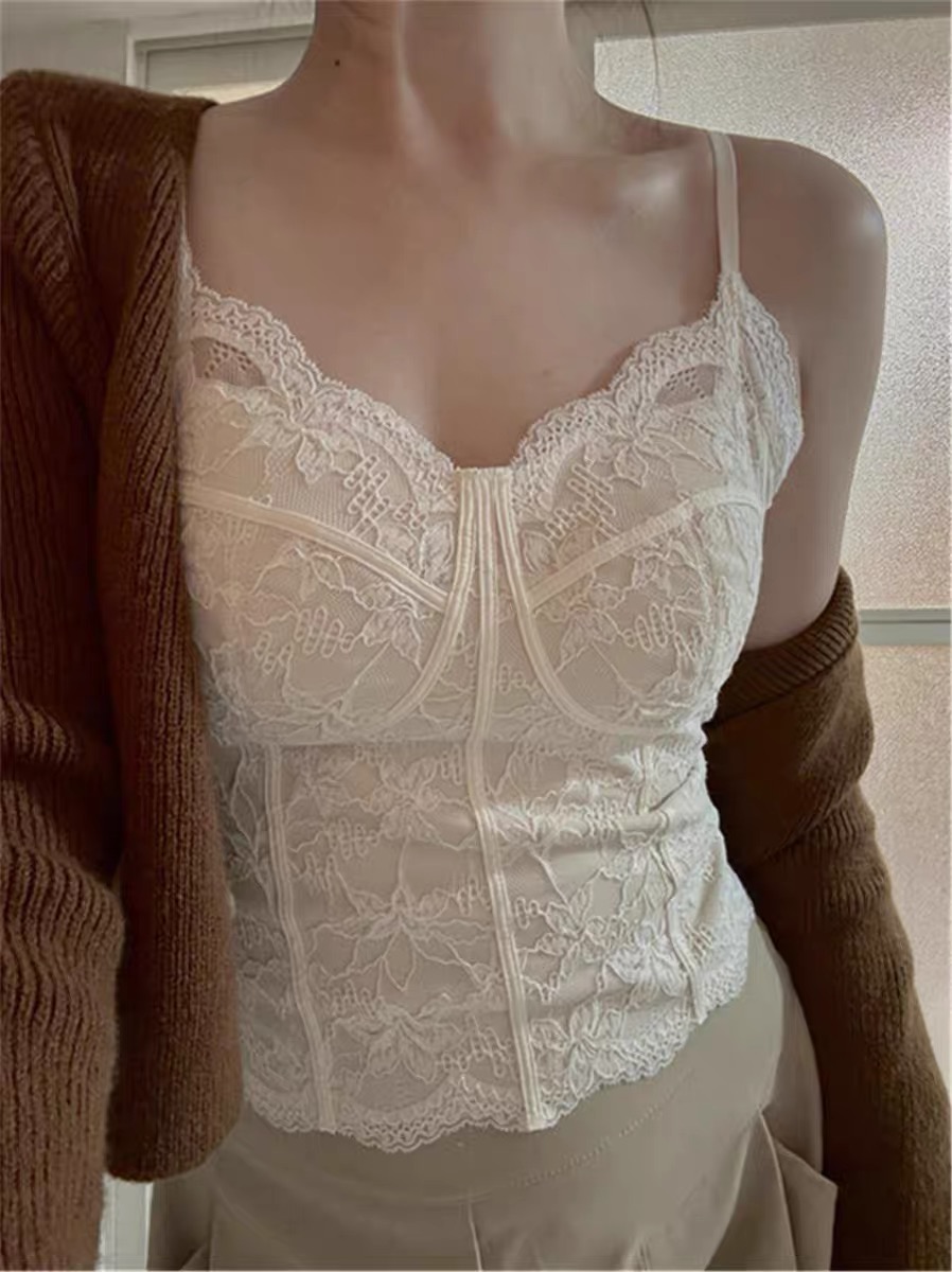 秋冬磨毛法式蕾丝纯欲吊带美背一体杯免穿文胸保暖背心修身显瘦