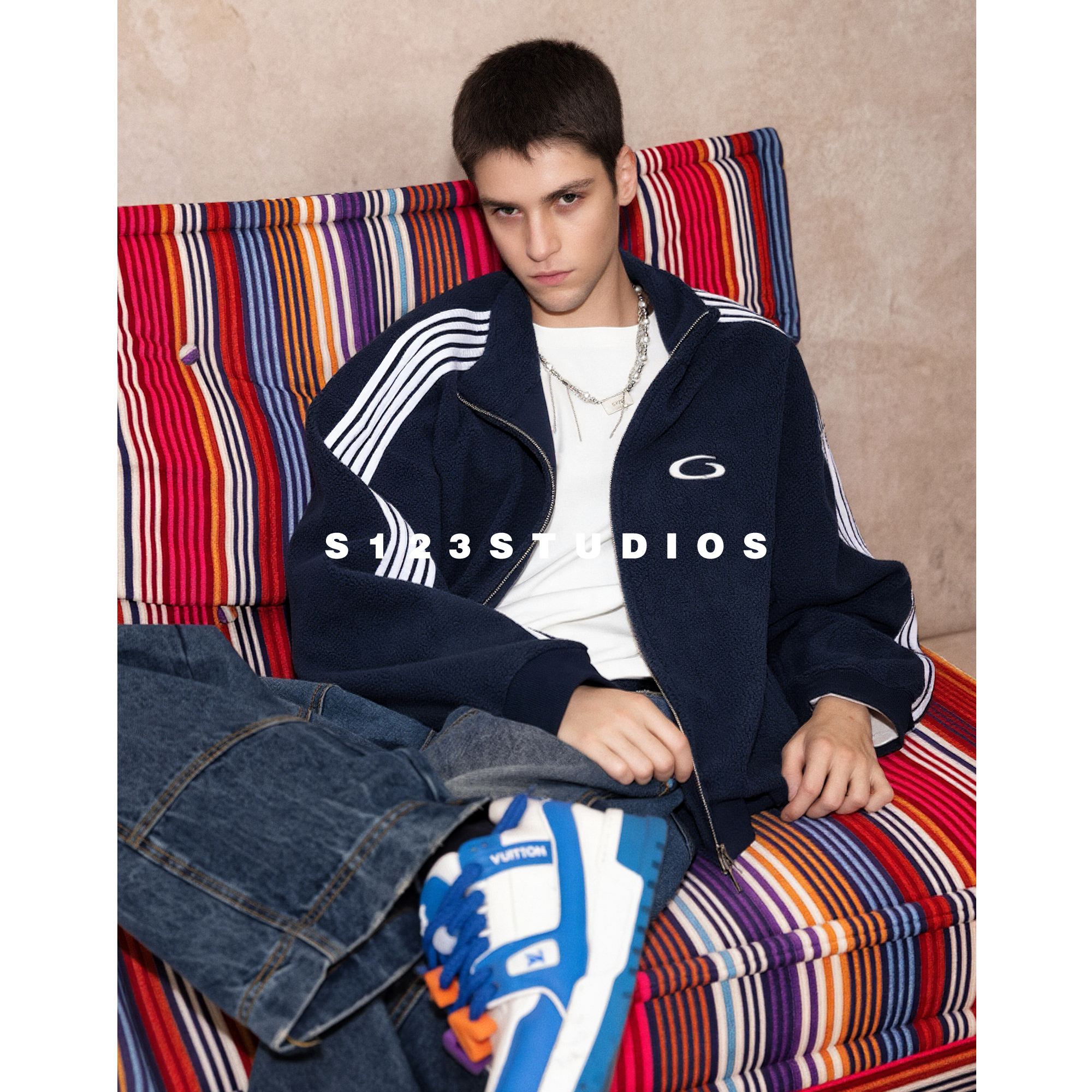 S123巴家五条杠拼接撞色刺绣字母立领夹克宽松休闲情侣款外套潮