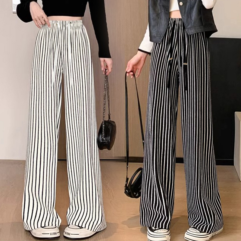 孕妇春季新款韩系慵懒风阔腿裤春秋猪鼻扣高级垂感条纹糯米裤长裤