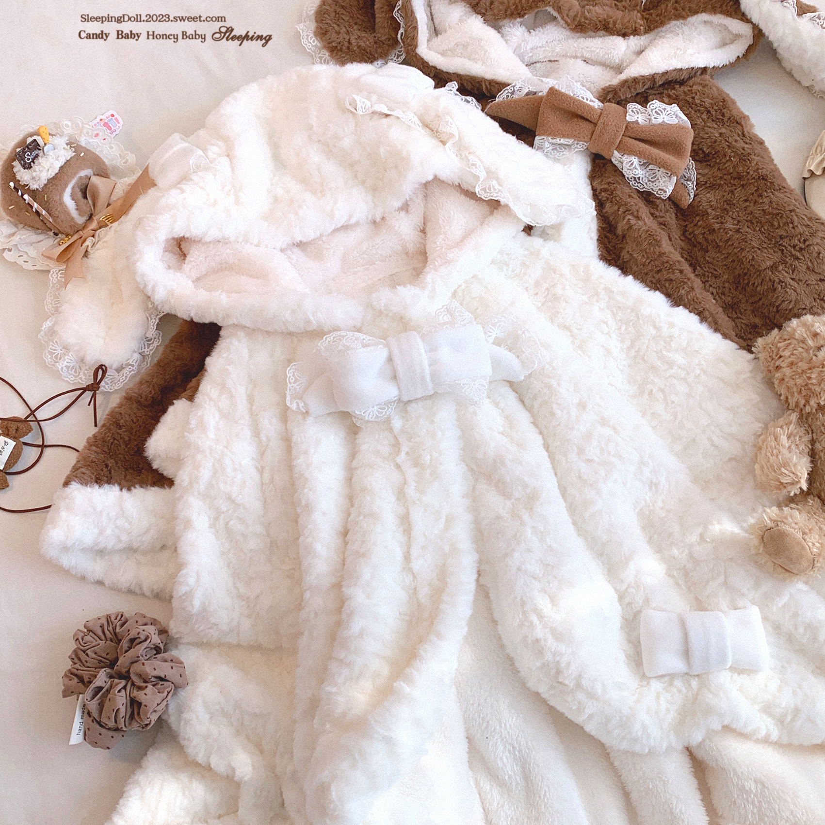 *sleepdoll自制* 复古甜美毛绒绒兔耳连帽蝴蝶结装饰斗篷外套