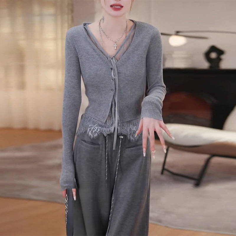 新款针织衫女秋高级感简约v领单排扣毛衣开衫修身显瘦气质上衣ins