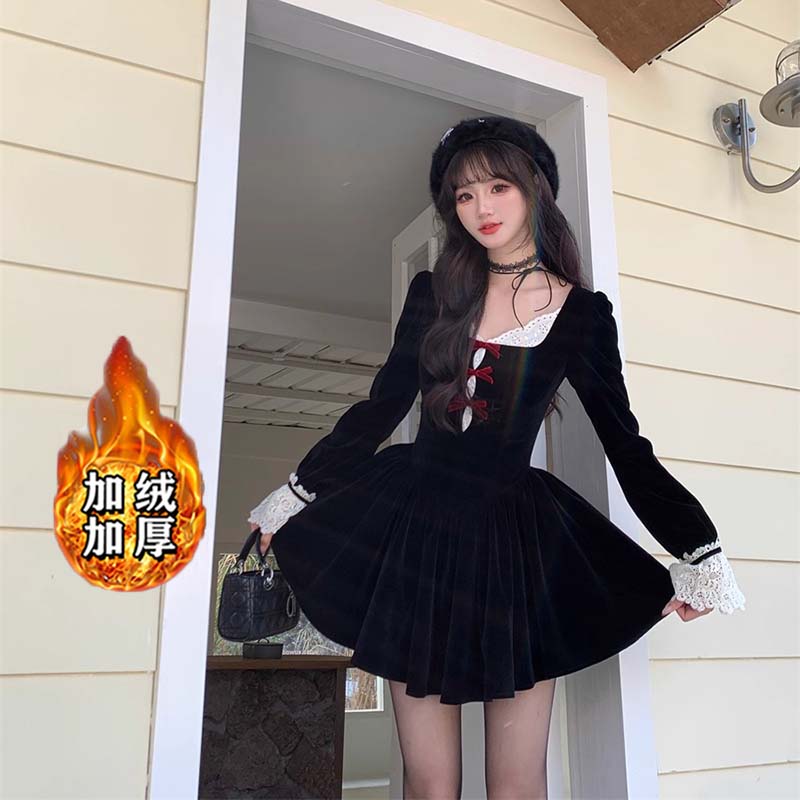 【加绒加厚】法式黑色连衣裙女秋冬蕾丝拼接千金裙子DM0209