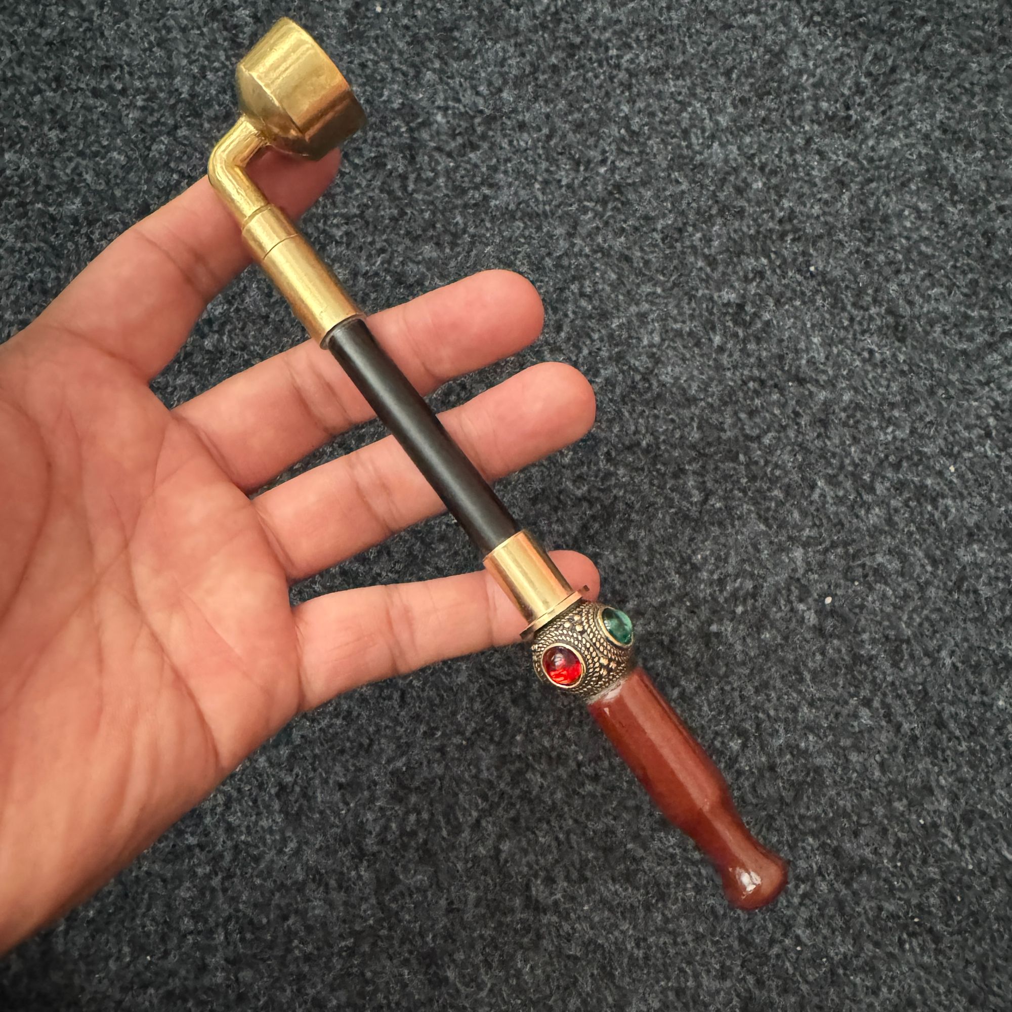 黄铜旱烟锅21CM红玛烟嘴传统老式烟袋锅黑檀杆可拆卸烟袋锅子老式