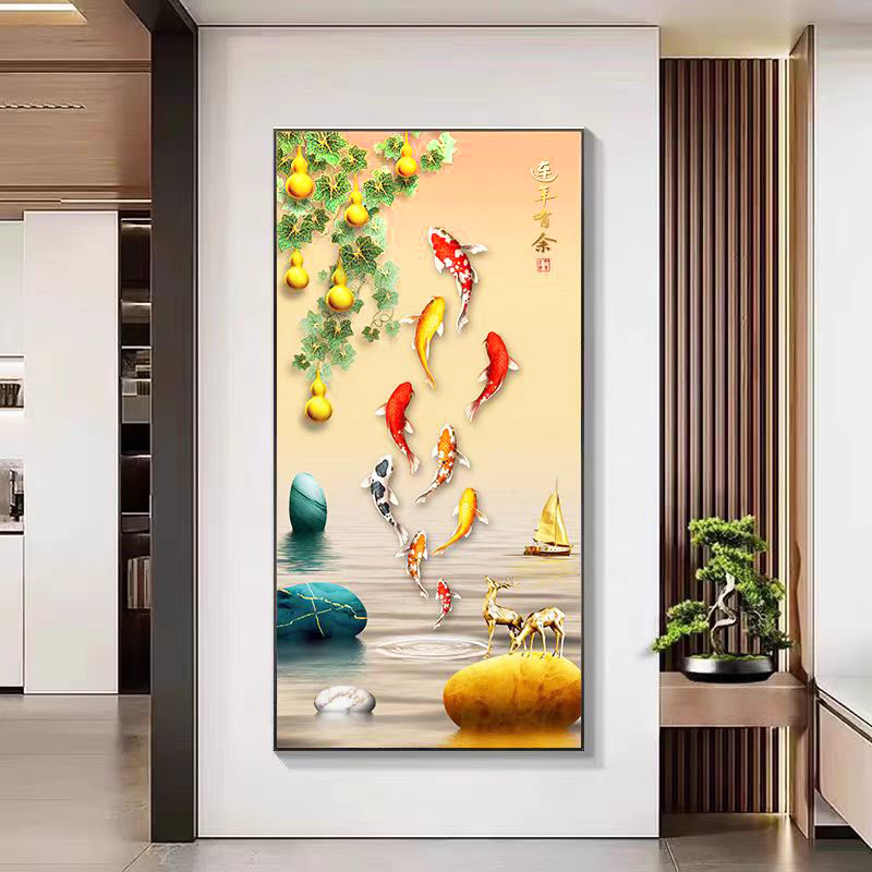 【家和富贵九鱼图】砂岩肌理画玄关沙发背景墙现代装饰挂画轻奢潮流