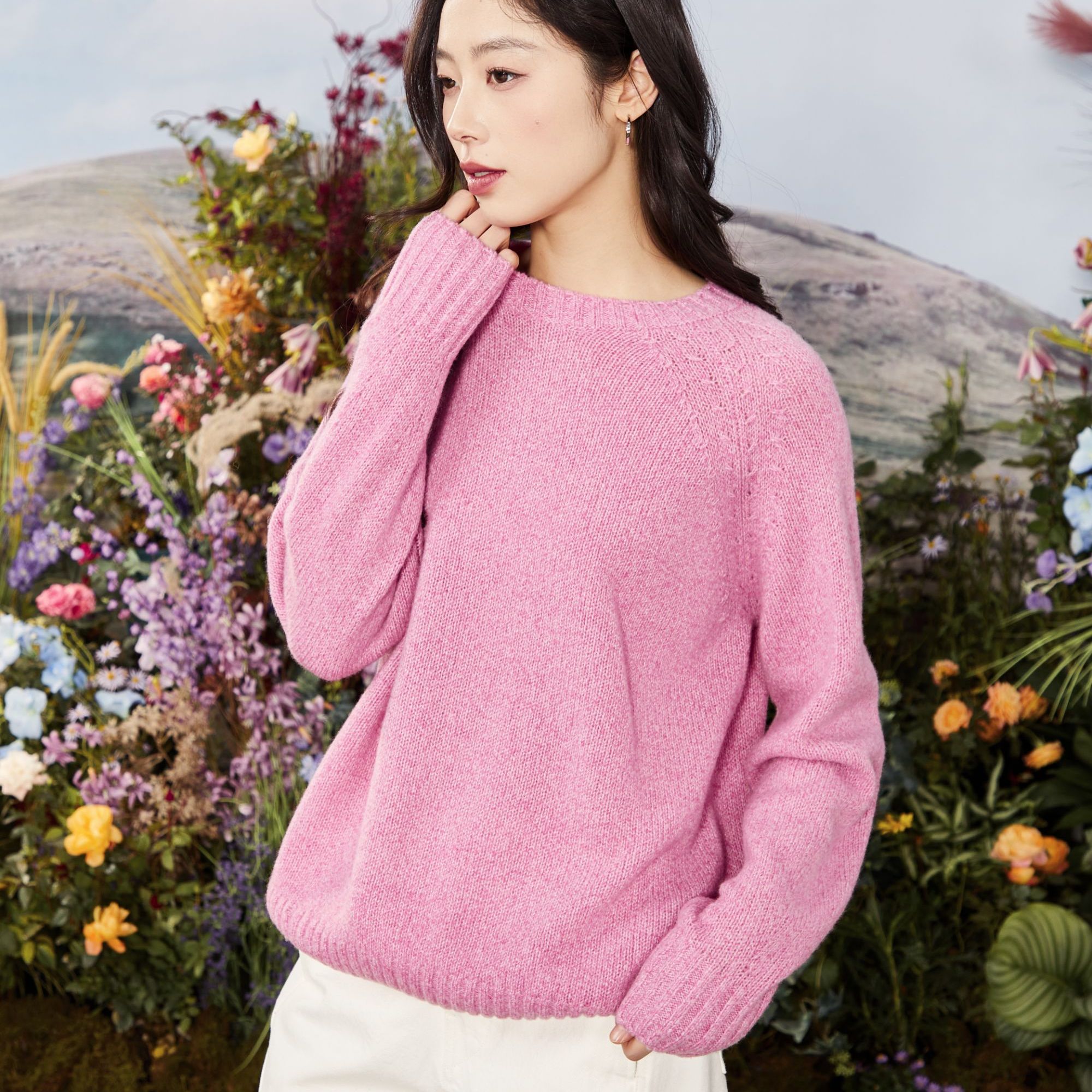 洪陵【新色树莓粉】【云端系列】新款圆领套头衫7436