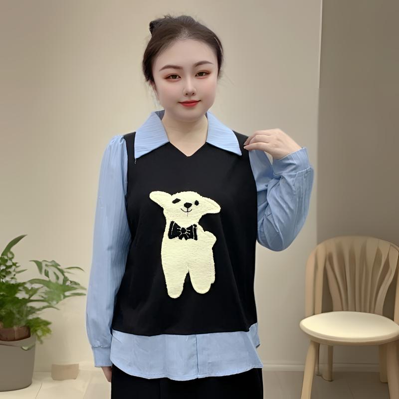 秋季POLO衬衫假两件拼接毛巾绣大码胖mm设计感显瘦遮肉减龄宽松