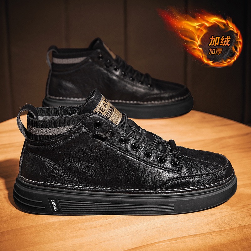 2025冬季新款加棉系带轻便车缝线运动休闲皮鞋男士防滑厨师皮鞋