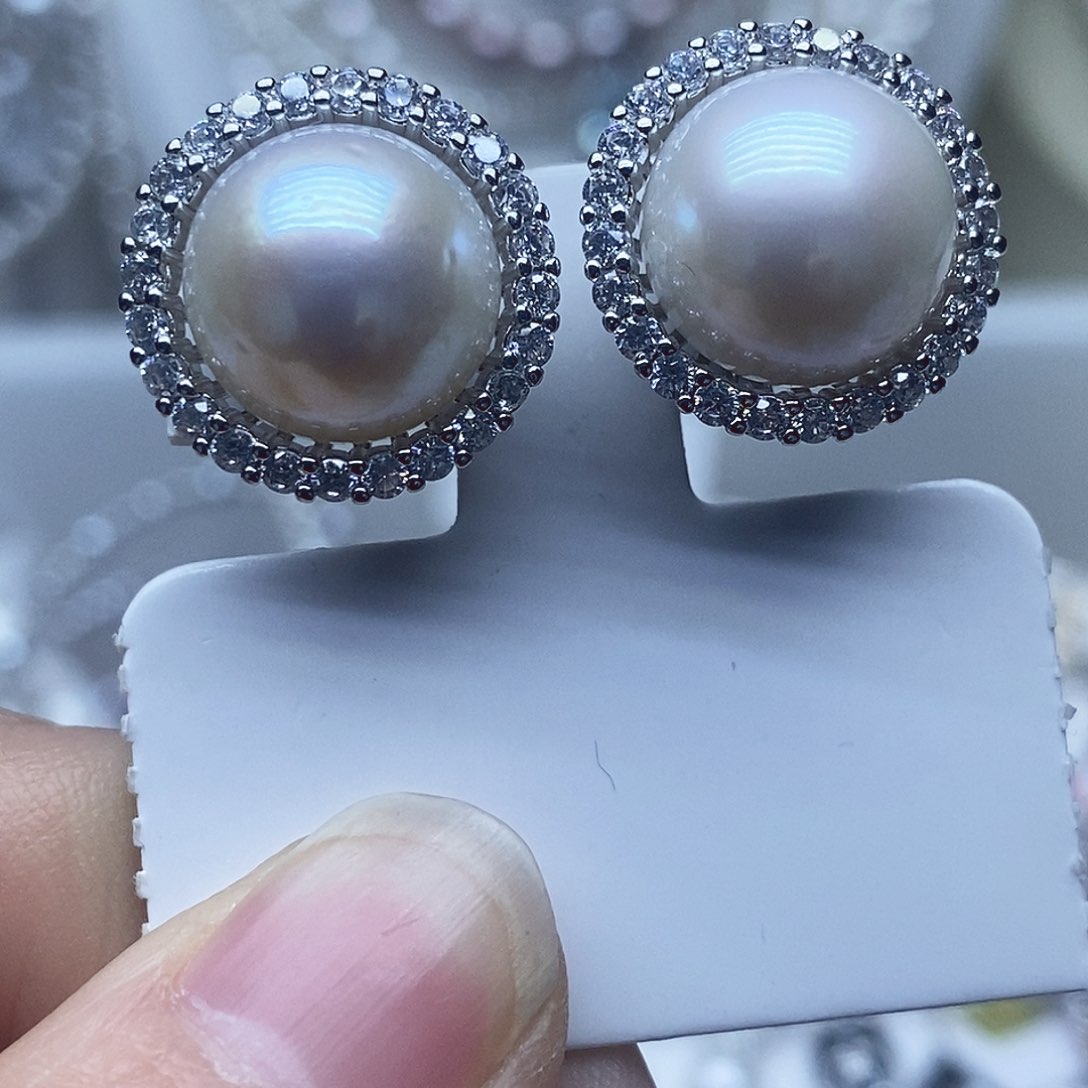 银S925镶嵌耳钉淡水珍珠