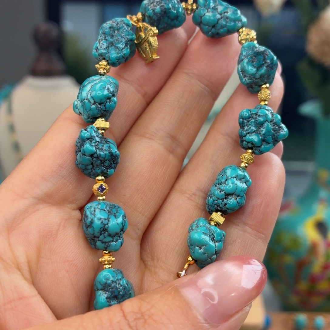 绿松石银S925镀金镶嵌手链