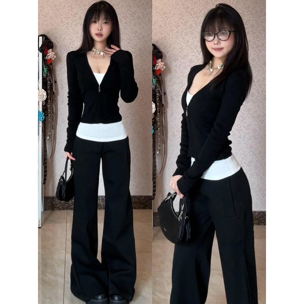 德绒秋冬黑白撞色内搭打底衫长袖T恤女假两件小众设计感修身上衣