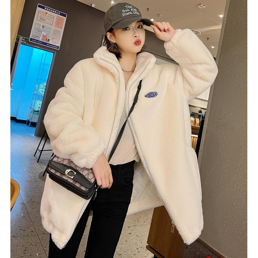 DFS女秋冬羊羔毛中长款外套仿獭兔毛粉红色棉服长袖立领御姐雪尼