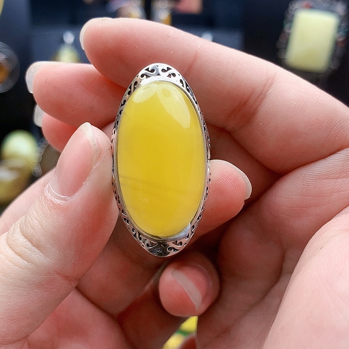 琥珀裸石银S925镶嵌戒指