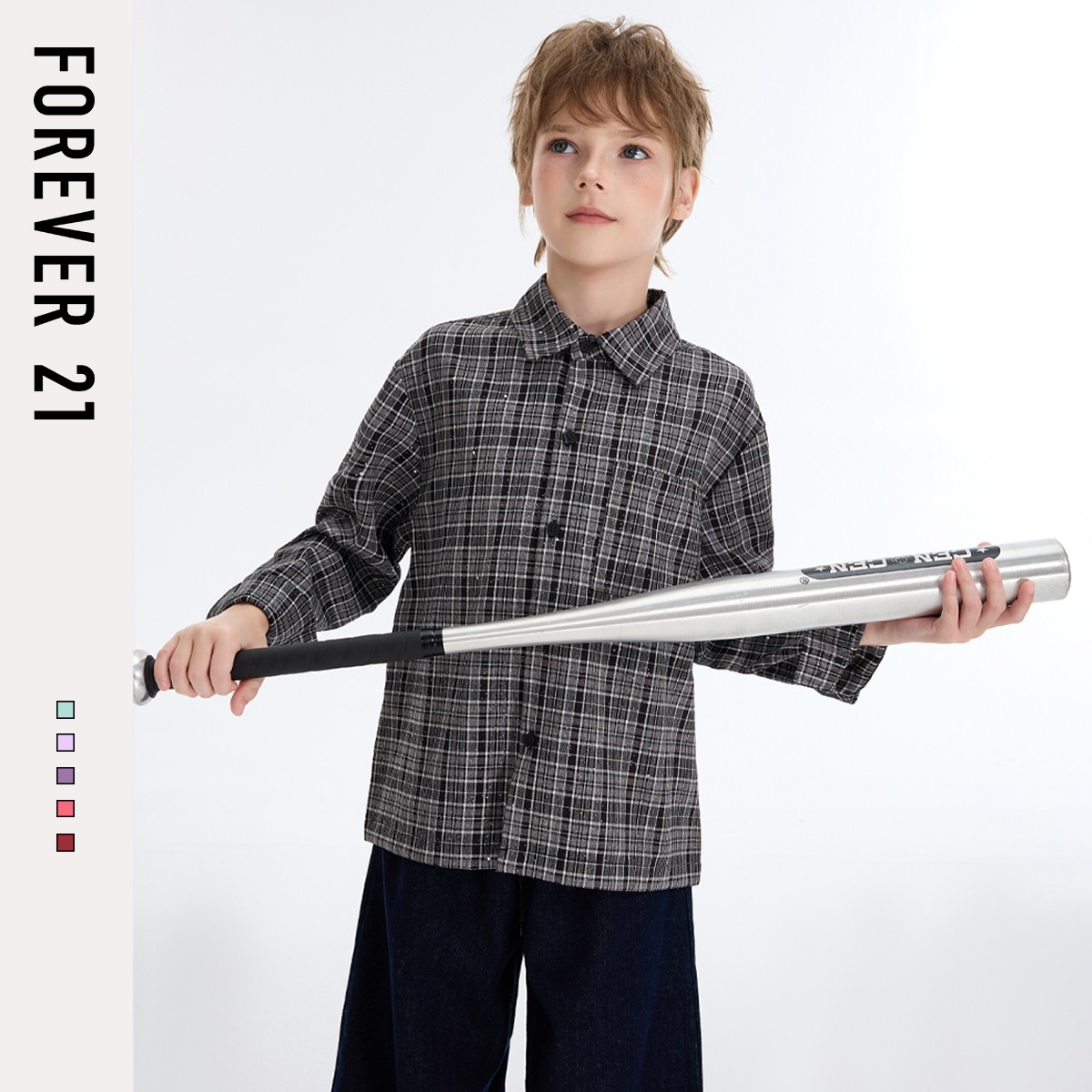 Forever 21童装男童外套秋季2025新款大童上衣潮酷儿童格子衬衫男