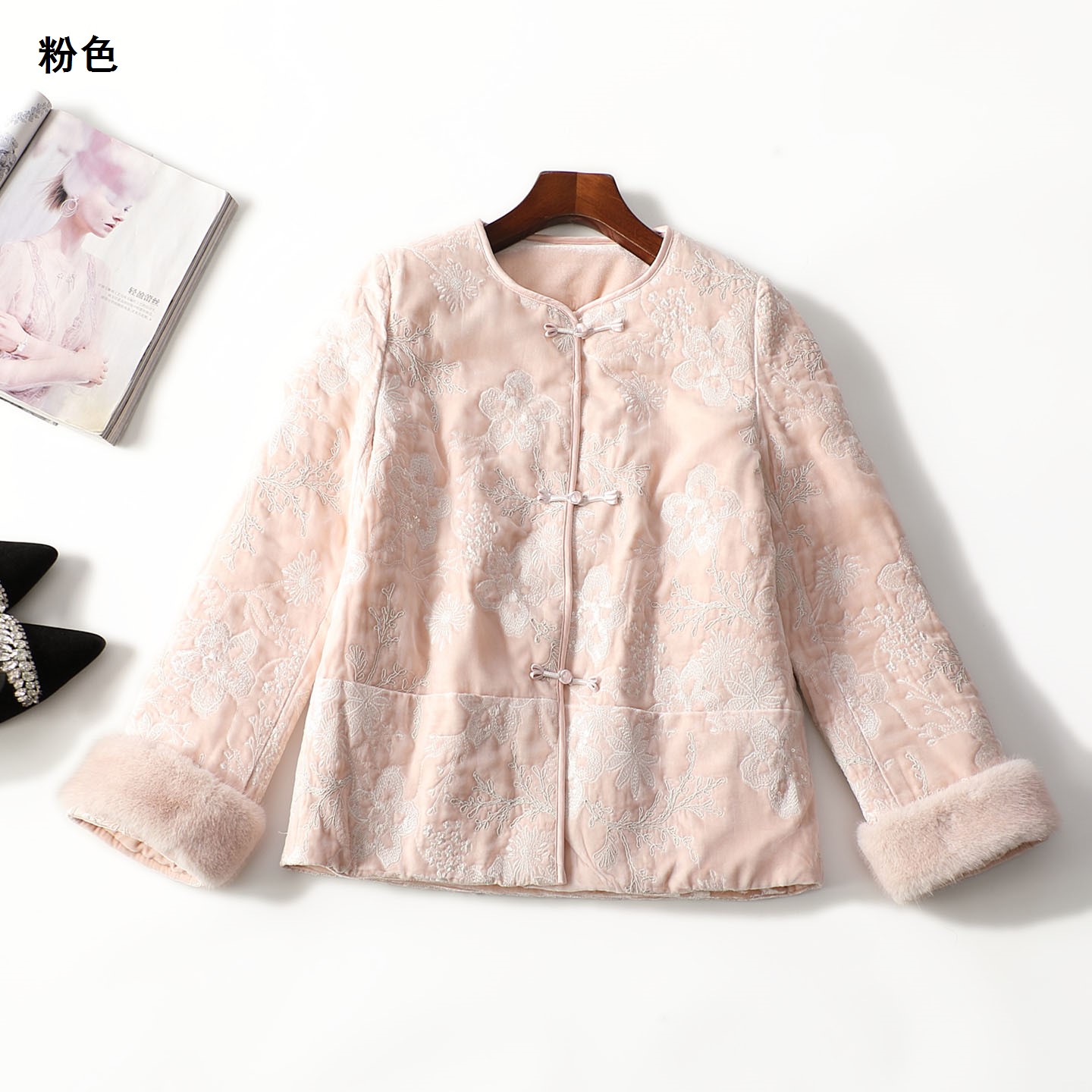 247918冬中长款长袖单排扣羽绒服保暖粉色冬季加厚